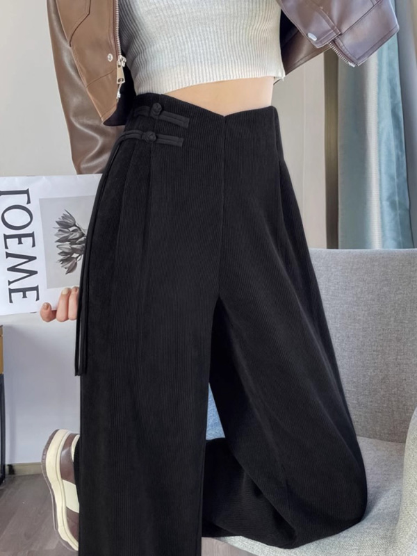 Purple corduroy pants for women in autumn and winter plus velvet and thickened chenille wide-leg pants new Chinese style high-waisted slimming casual pants