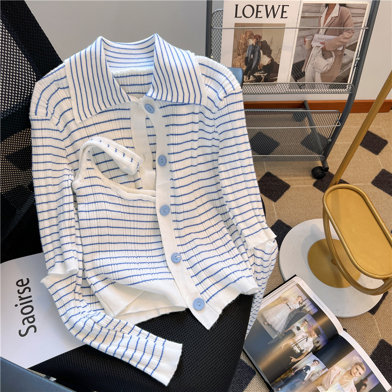 Striped knitted vest two-piece set new early autumn top cardigan jacket for women