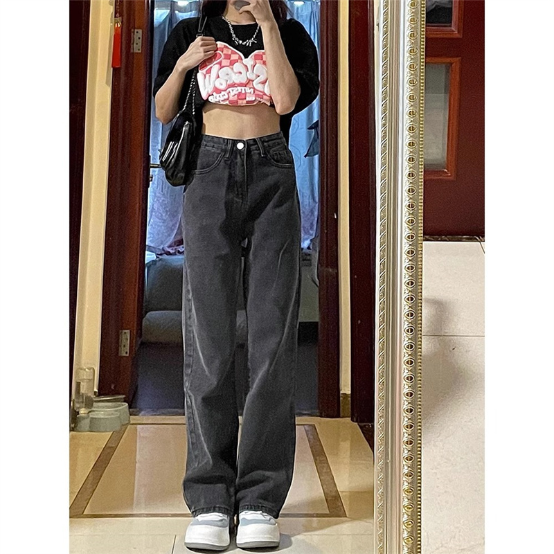 Large size fat mm black and gray straight-leg loose jeans autumn high-waisted pear-shaped figure slimming wide-leg pants trendy