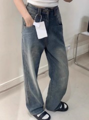 American retro starry sky pattern high-waisted wide-leg jeans for women with distressed design, loose straight legs, slim and drapey pants