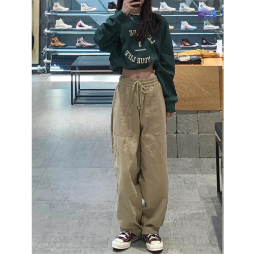 Khaki casual overalls for women plus size loose Japanese style straight pants fat mm wide leg sports long pants