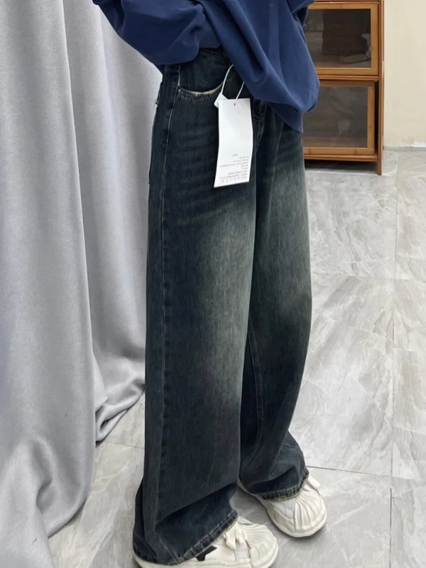 Women's large size retro washed distressed straight jeans spring high-waisted loose drapey floor-length raw edge wide-leg pants