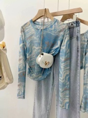 Blue tie-dye mesh long-sleeved T-shirt for women summer new slim round neck chic sun protection shirt