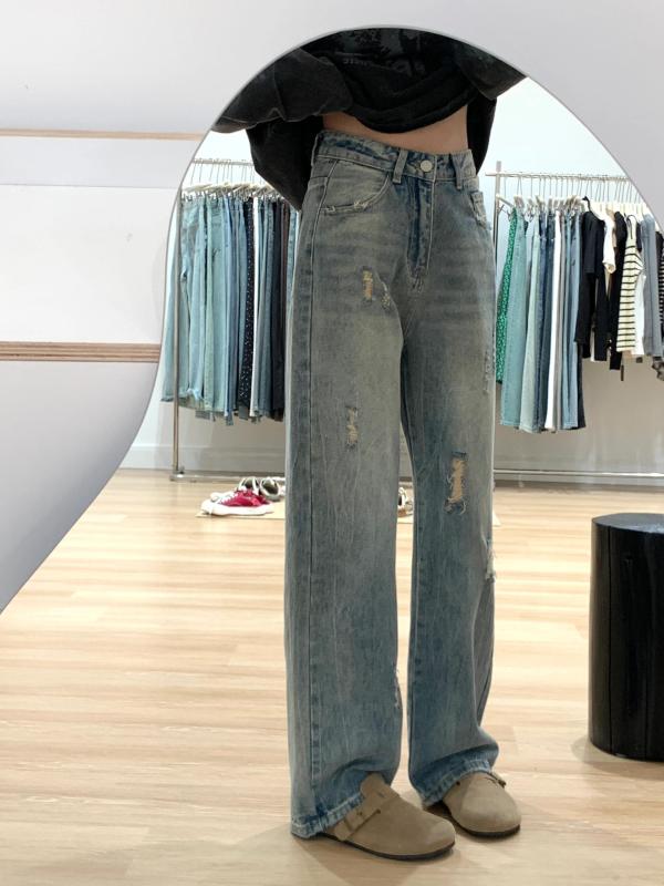 2024 New Ripped Jeans for Women Large Size Fat mm Loose Slim High Waist Design Wide Leg Pants