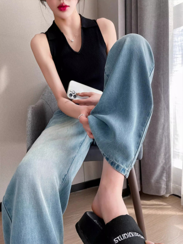 Tencel straight jeans women's summer high waist large size fat mm crotch-covering ice silk wide-leg pants thin section