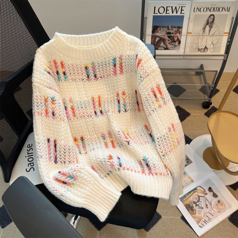 Heavy-duty thickened colorful spliced ​​round neck sweater for women in autumn and winter new sweet outer wear lazy style versatile top