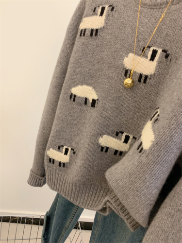 New autumn and winter cute soft lamb pattern round neck thickened lazy style wool sweater for women