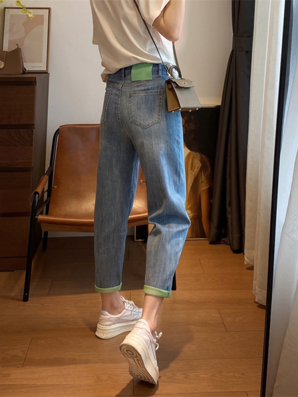 Plus size harem jeans for women new fat mm high waist slim contrast color elastic nine-point dad pants