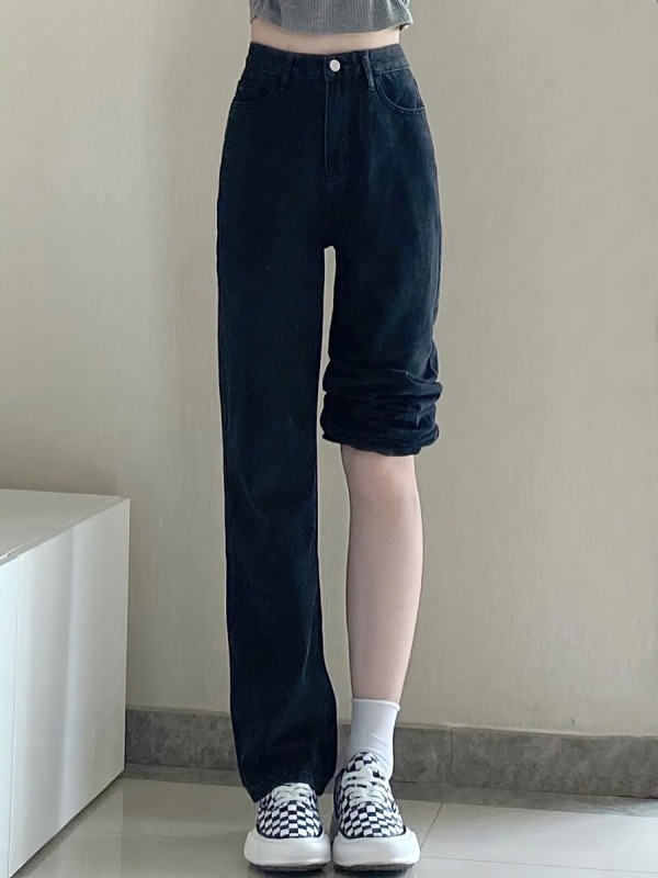 Black straight-leg jeans for small women, high-waisted, loose, floor-length wide-leg pants, trendy ins