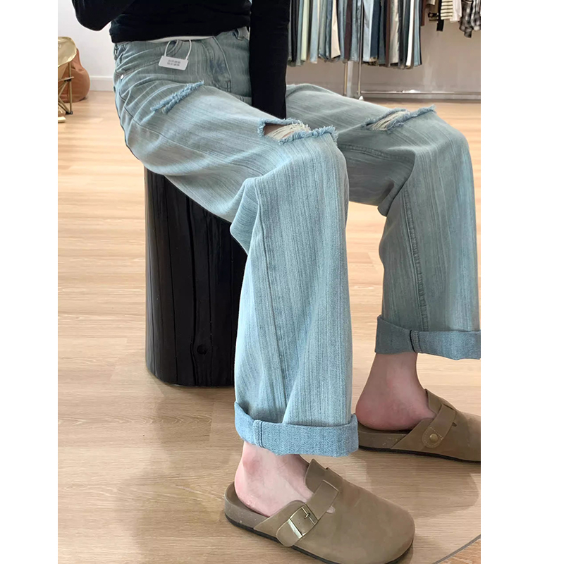 Jeans women's thin fat mm plus size slim pants loose light color narrow wide leg pants high waist straight pants