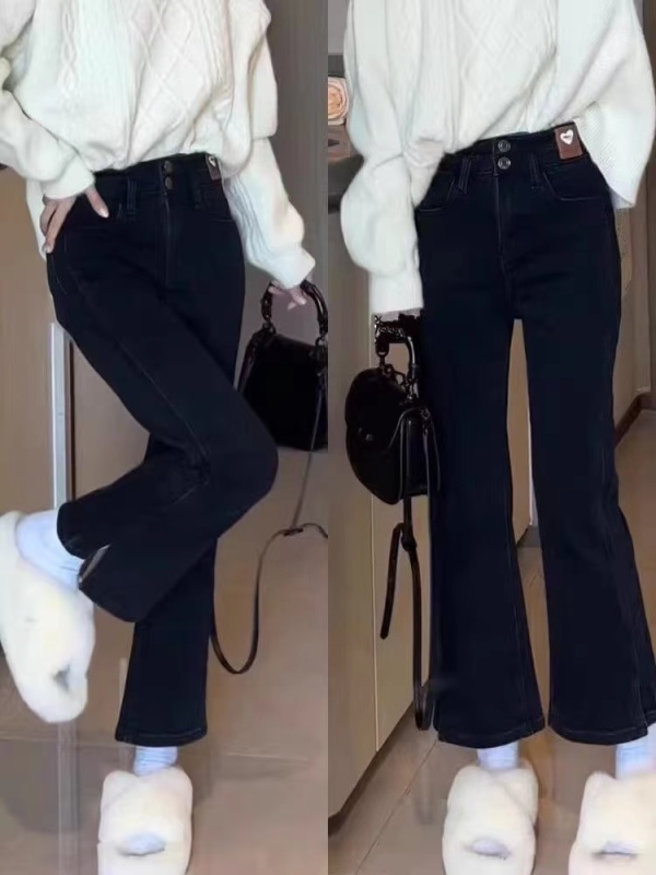 Plus size temperament Internet celebrity micro-flare jeans for women in spring and autumn, small, high-waisted, slim, slim and drapey floor-length pants