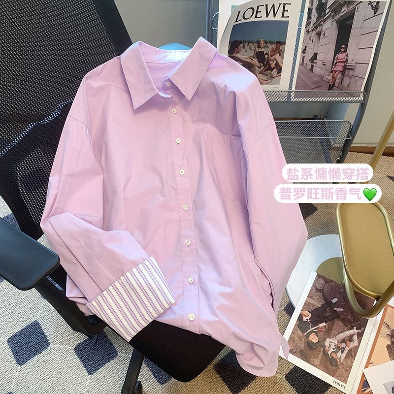 Purple spliced ​​striped polo collar shirt for women new loose casual long-sleeved shirt design