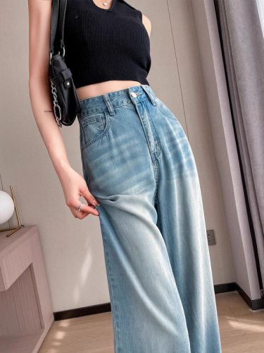 Tencel straight jeans women's summer high waist large size fat mm crotch-covering ice silk wide-leg pants thin section