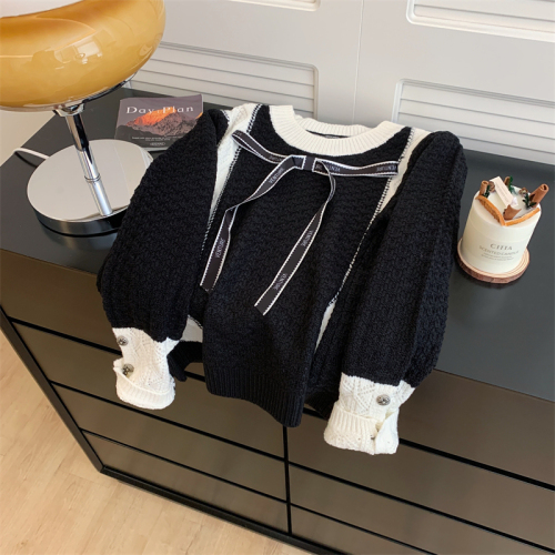 French splicing bow knitted sweater new style gentle style soft waxy foreign style short sweater