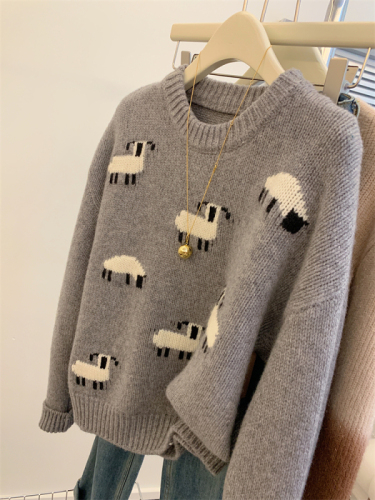 New autumn and winter cute soft lamb pattern round neck thickened lazy style wool sweater for women