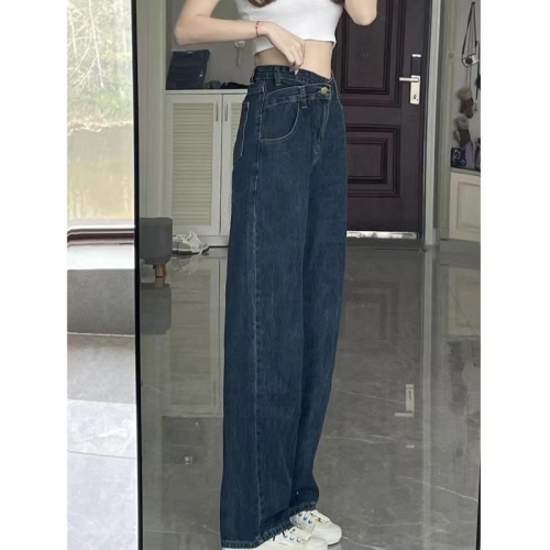 Large size retro dark blue straight jeans women's new autumn and winter design loose wide-leg pants