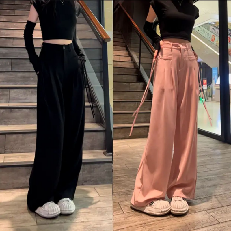 Loose wide-leg pants with high-waisted design and straight-leg casual pants