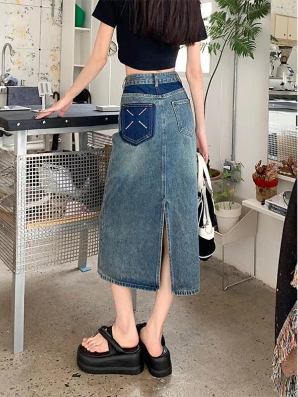 Fat mm crotch-covering contrasting color back pocket embroidery shadow slit large size denim skirt female pure desire mid-length skirt