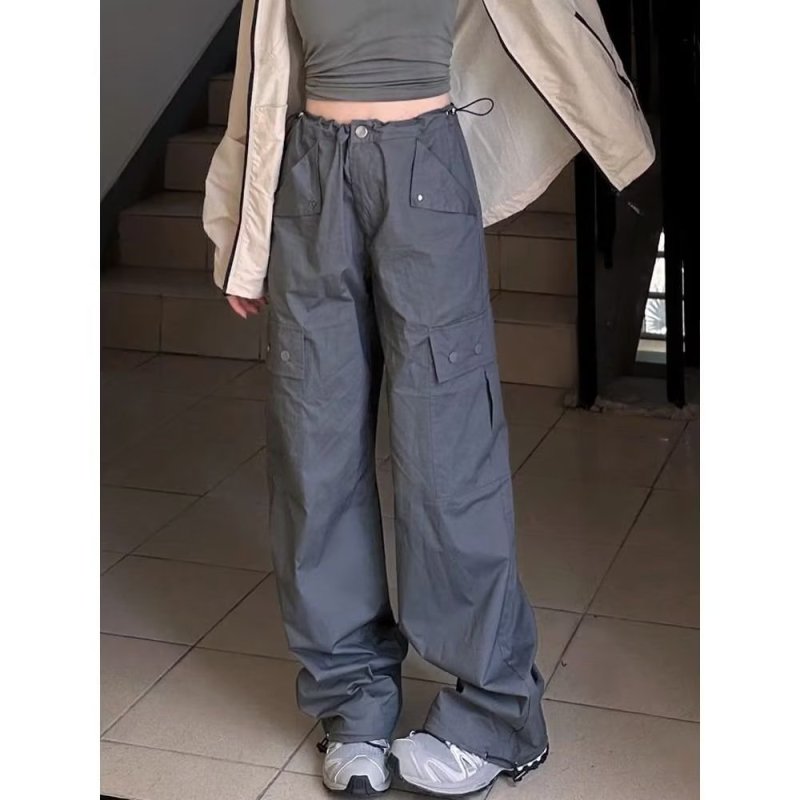 Dark gray casual high-waisted overalls for women, new style loose slimming multi-pocket design floor mopping pants