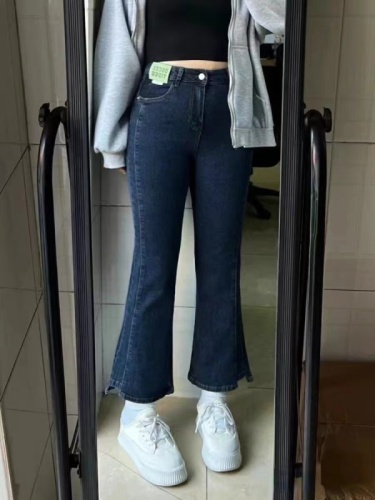 Large size stretch straight pants for women with fat mm black micro-flared pear-shaped body in spring and slimming with jeans