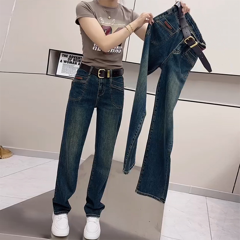 Large size straight jeans for women in autumn new style slimming elastic pear-shaped figure wide-leg pants for fat mm