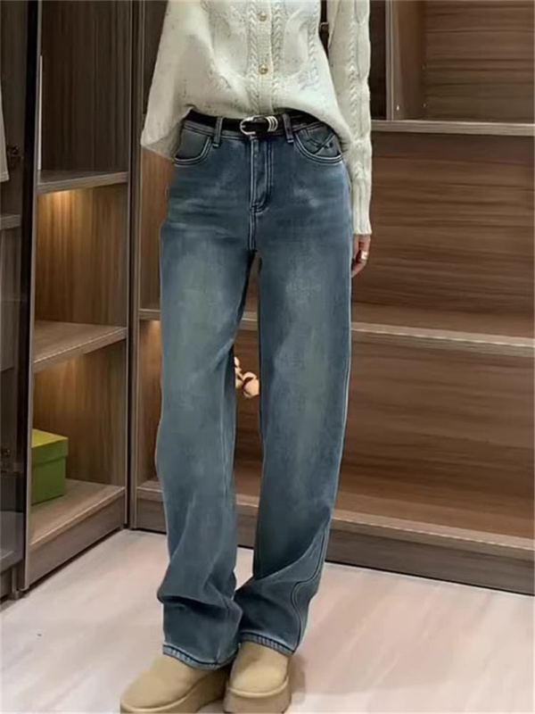 Plus size women's clothing 2024 winter high waist plus velvet thickened jeans fat sister mm narrow version slimming straight floor mopping pants