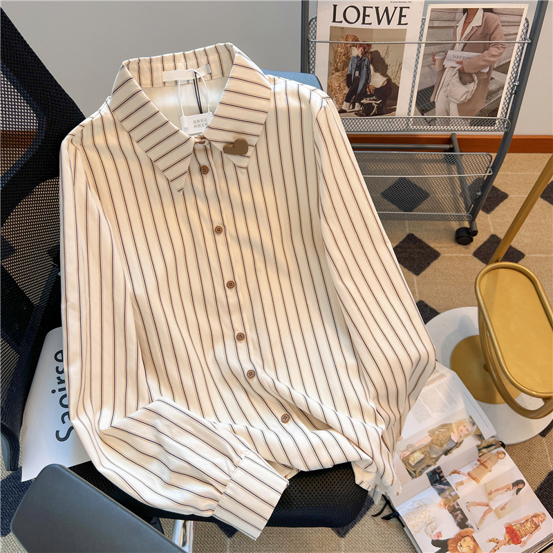 Designed love Polo collar shirt for women ins Korean style lazy striped niche loose and high-end top