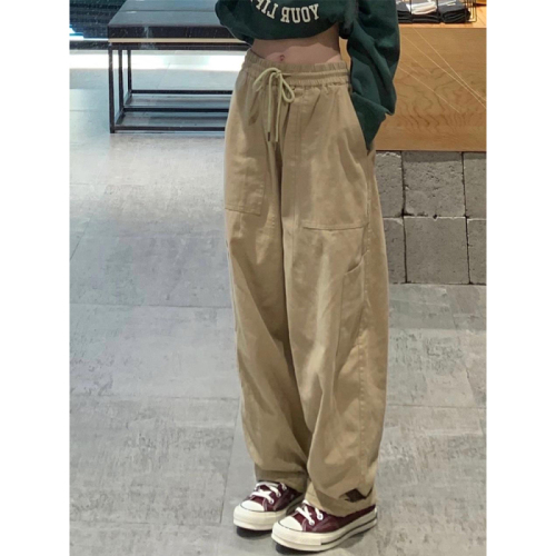 Khaki casual overalls for women plus size loose Japanese style straight pants fat mm wide leg sports long pants