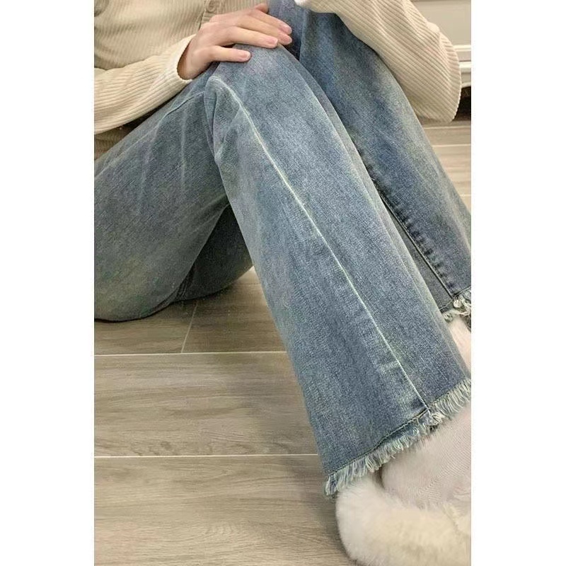 Micro-flared design jeans for women in summer new slim fit hot girl retro raw edge floor mopping pants