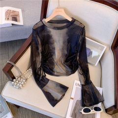 American retro smudged long-sleeved T-shirt for women, new style, high-end, fashionable, casual, slightly transparent, sunscreen