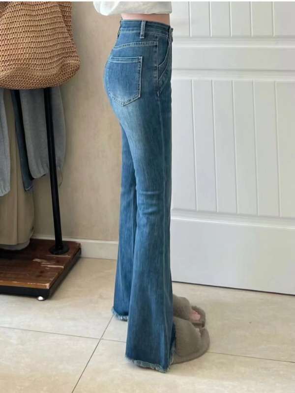 American retro flared jeans for women, new high-waisted stretch slimming design floor-length fur-edge horse hoof pants