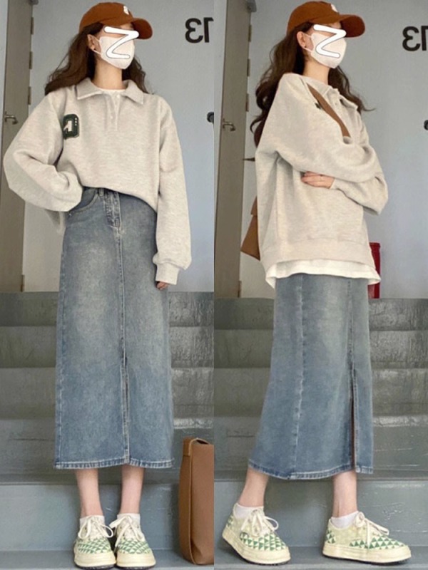 Retro blue slit denim skirt women's high waist spring and autumn new style belly-covering slimming mid-length a-line skirt
