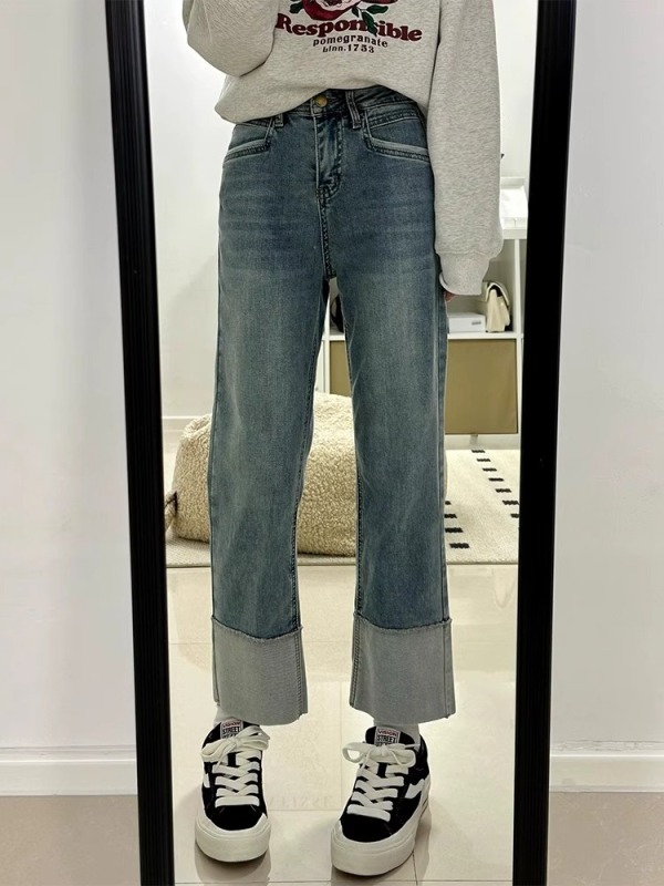 Large size curled straight jeans for fat girls in autumn new high-waist elastic slimming loose nine-point cigarette pants