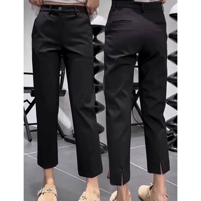 Large size casual pants for women, thin, pear-shaped figure, fat mm, high waist slit, nine-point straight cigarette pants