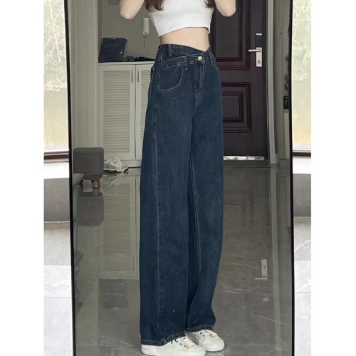 Large size retro dark blue straight jeans women's new autumn and winter design loose wide-leg pants