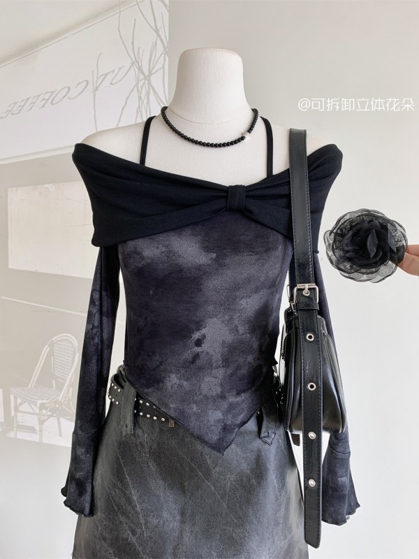 Sweet cool hottie sexy one-shoulder long-sleeved T-shirt women's autumn 2024 new mesh halter neck short shirt top
