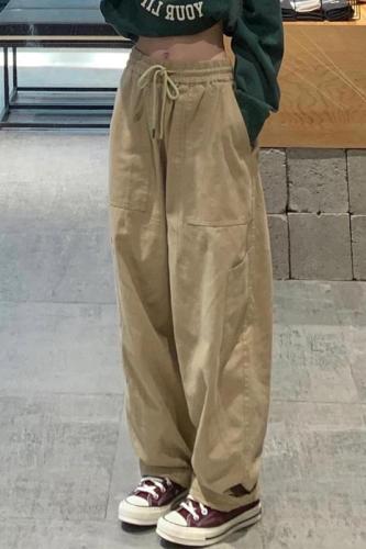 Khaki casual overalls for women plus size loose Japanese style straight pants fat mm wide leg sports long pants