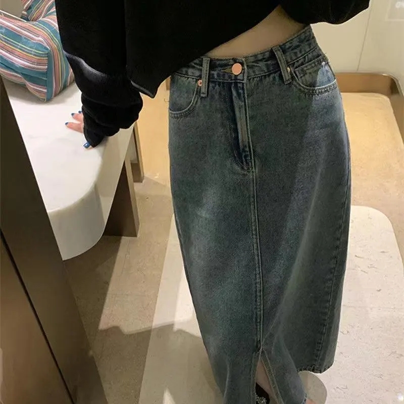 High-waisted slimming hip-hugging skirt mid-length blue skirt retro A-line slit denim skirt for women