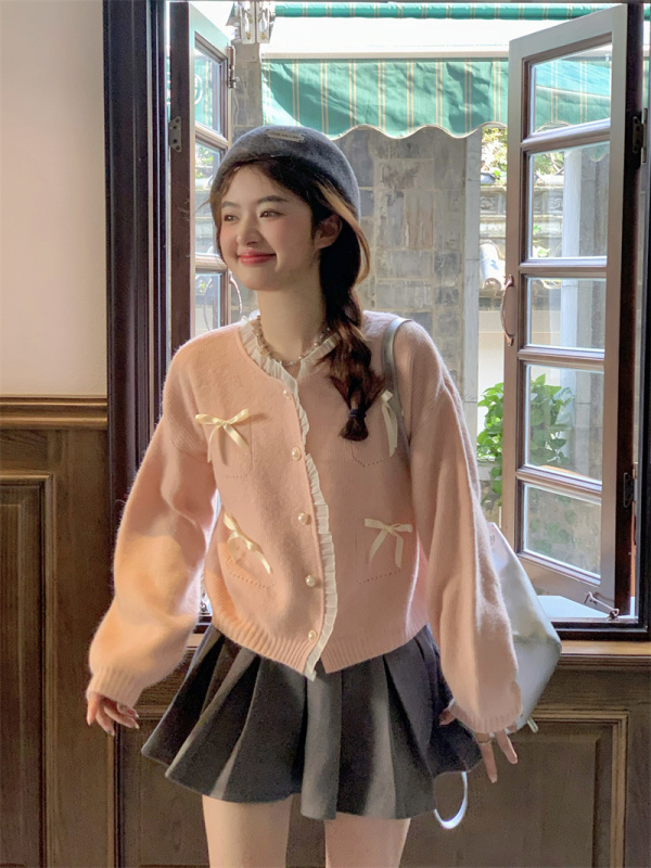 Korean style sweet design lace splicing bow soft waxy knitted cardigan sweater