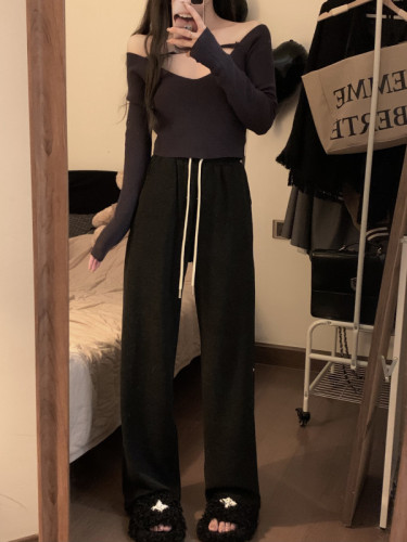 Versatile, slim, high-waisted, smooth elastic-waisted straight casual casual velvet thickened trousers