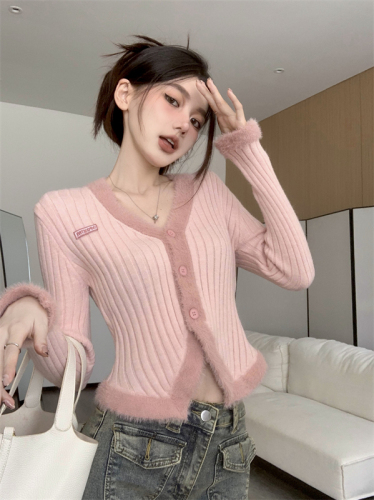 Pink knitted jacket autumn and winter new style splicing plush soft waxy V-neck slim sweater cardigan