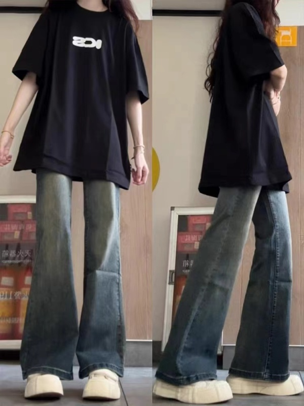 American large size bootcut jeans for women, new style, high-waisted, slimming, slim fit, wide-legged, horse-shoe pants, trendy