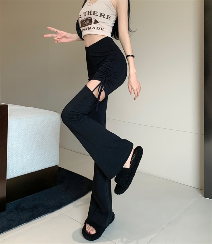 Designed hollow horse hoof pants for women with drawstrings, ripped casual pants, elastic slim fit floor-length flared pants