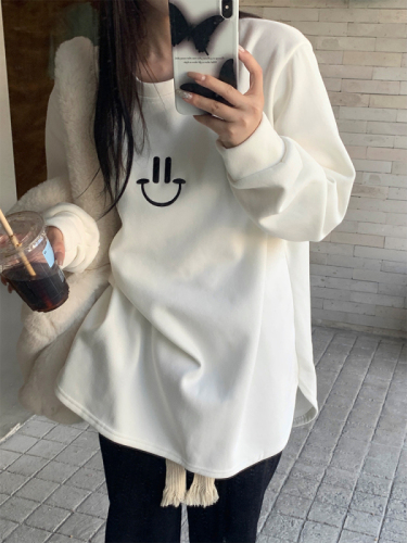 Autumn and winter Korean chic simple smiley face printed front and back plus velvet and thickened warm T-shirt base