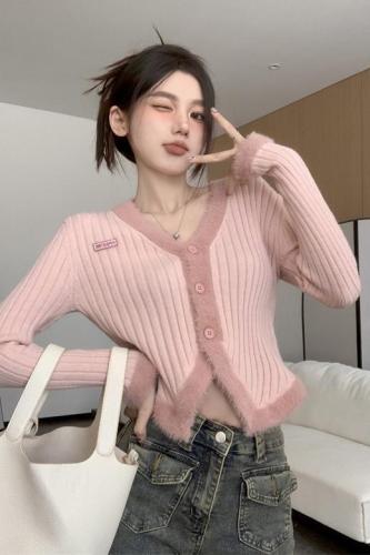 Pink knitted jacket autumn and winter new style splicing plush soft waxy V-neck slim sweater cardigan