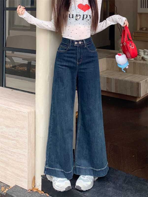 Dark blue wide-leg jeans for women new retro loose slimming floor-length flared trousers
