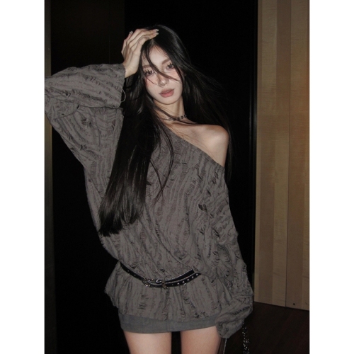 Original fabric gray hole-out hollow T-shirt long-sleeved loose lazy style one-shoulder blouse