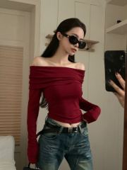Retro one-shoulder long-sleeved sweater for women autumn new hot girl slim short bottoming shirt top