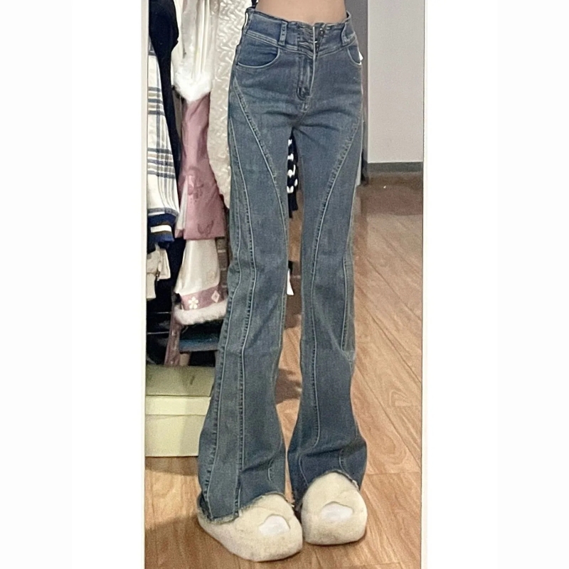 American high street vibe retro blue bootcut jeans for women new design high waist slim flared pants
