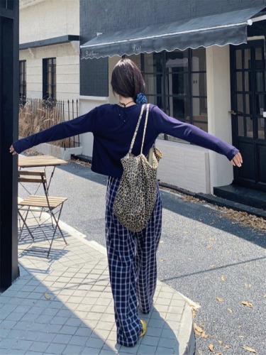 Retro plaid casual trousers, loose and lazy style suspender shawl three-piece set straight design floor-length trousers